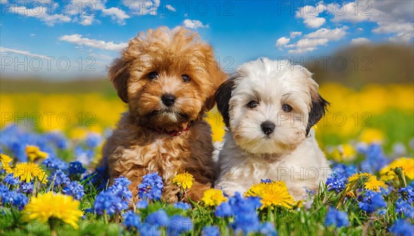 KI generated, animal, animals, mammal, mammals, Maltipoo (Canis lupus familiaris), dog, dogs, bitch, cross between poodle and Maltese, miniature poodle, small poodle, flower meadow, two puppies