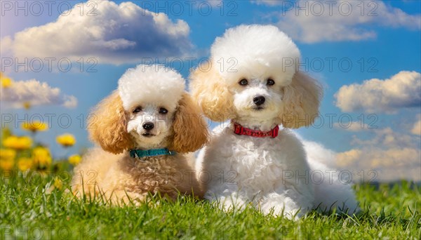 KI generated, animals, mammals, dog, domestic dogs (Canis lupus familiaris), two animals, white, apricot, cream-coloured