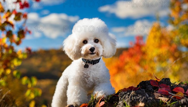 KI generated, animals, mammals, dog, domestic dogs (Canis lupus familiaris), white, white, autumn, autumn leaves