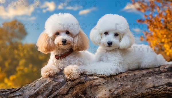 AI generated, animals, mammals, dog, domestic dogs (Canis lupus familiaris), two dogs, white, apricot, cream, autumn, autumn leaves