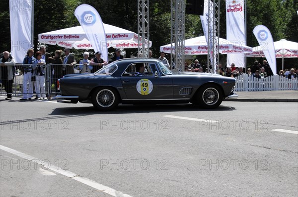 A dark blue Lancia vintage coupe on a race track in front of an audience, SOLITUDE REVIVAL 2011, Stuttgart, Baden-Wuerttemberg, Germany, Europe