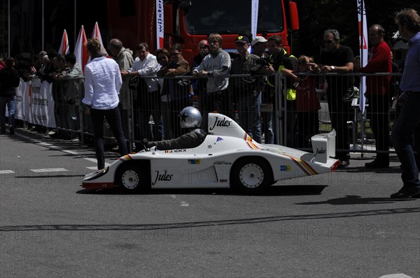 Small white racing car on a secured race track during a race, SOLITUDE REVIVAL 2011, Stuttgart, Baden-Wuerttemberg, Germany, Europe
