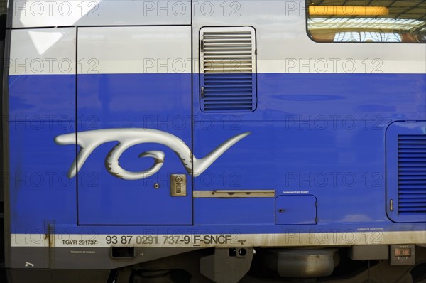 Marseille, side view of a blue TGV train of the French railway SNCF, Marseille, Departement Bouches-du-Rhone, Region Provence-Alpes-Cote d'Azur, France, Europe