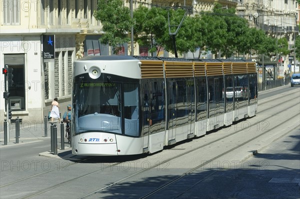 Marseille, Modern tram travelling through an urban street, Marseille, Departement Bouches-du-Rhone, Provence-Alpes-Cote d'Azur region, France, Europe