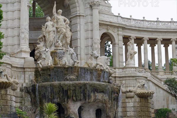 Palais Longchamp, Marseille, Detailed fountain with figures and columns under an ornamented archway, Marseille, Departement Bouches-du-Rhone, Provence-Alpes-Cote d'Azur region, France, Europe