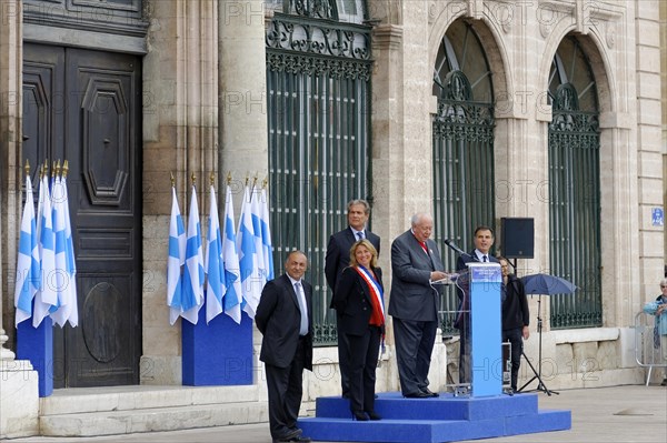 Marseille city hall, person standing at the lectern and giving a speech during an outdoor event, Marseille, Departement Bouches-du-Rhone, Provence-Alpes-Cote d'Azur region, France, Europe