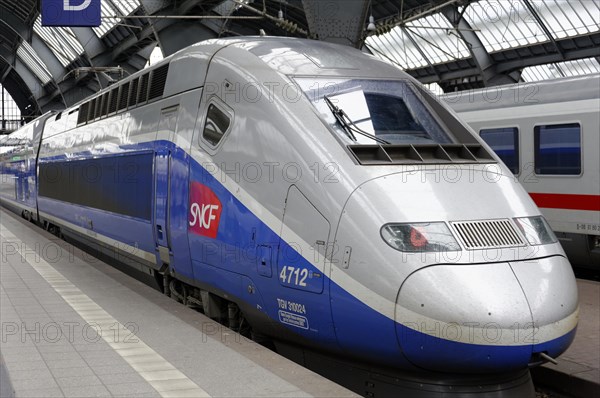 TGV at Marseille-Saint-Charles station, Marseille, front view of an SNCF TGV high-speed train at a platform, Marseille, Departement Bouches-du-Rhone, Provence-Alpes-Cote d'Azur region, France, Europe