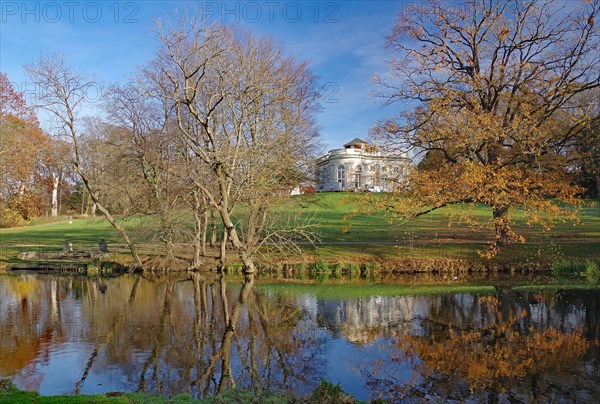 Richmond Castle reflected in the calm waters of the Oker, autumn, Braunschweig, Lower Saxony, Germany, Europe