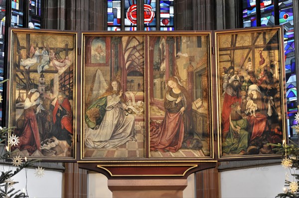 Altar of St Mary's Chapel, Market Square, Wuerzburg, detailed view of a Renaissance altarpiece with religious scenes and Christmas trees, Wuerzburg, Lower Franconia, Bavaria, Germany, Europe
