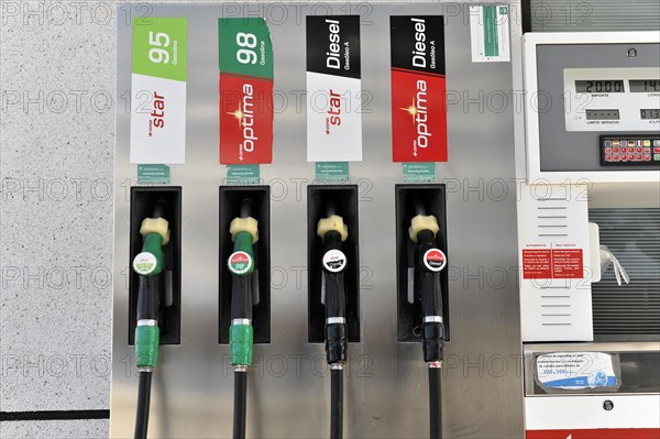Gueejar-Sierra, Sierra Nevada National Park, fuel pumps at a petrol station with labels and prices for various fuels, Costa del Sol, Andalusia, Spain, Europe