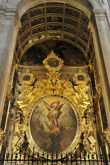 Jaen, Catedral de Jaen, Cathedral of Jaen from the 13th century, Renaissance art epoch, Jaen, Detailed baroque church decoration with golden decorations and angel figures, Jaen, Andalusia, Spain, Europe