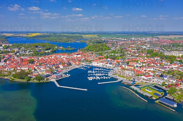 Aerial view over Waren, town and climatic spa on the shores of Lake Mueritz in summer, Mecklenburg-Vorpommern, Germany, Europe