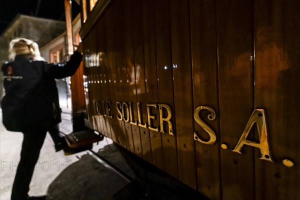 Soller, Majorca, November 1, 2023: traditional tram in Soller city, Mallorca, Spain, Europe