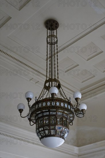 Interior view, chandelier, staircase, Janacek Academy of Music and Performing Arts, Brno, Jihomoravsky kraj, Czech Republic, Europe