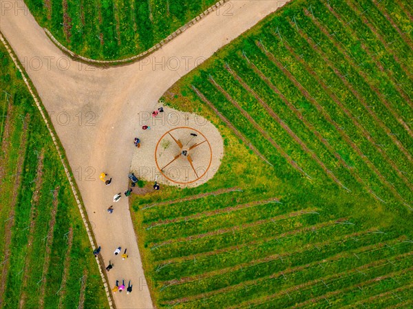 Aerial view of people at a roundhouse in a vineyard, Jesus Grace Chruch, Weitblickweg, Easter hike, Hohenhaslach, Germany, Europe