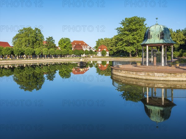 Historic spa facilities, park pond with Christiane-Vulpius pavilion, Goethe town of Bad Lauchstaedt, Saxony-Anhalt, Germany, Europe
