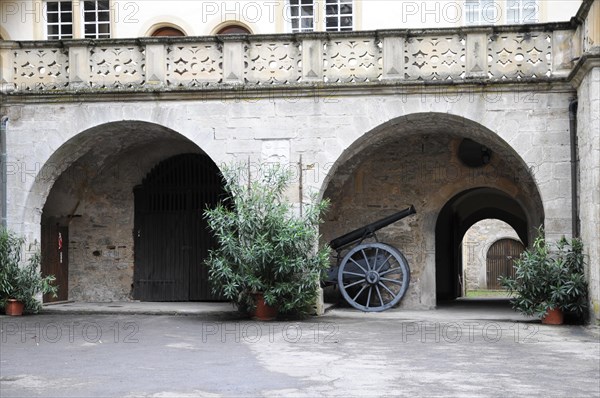 Langenburg Castle, A historic cannon in the courtyard of a castle next to inviting arched gates and plants, Langenburg Castle, Langenburg, Baden-Wuerttemberg, Germany, Europe