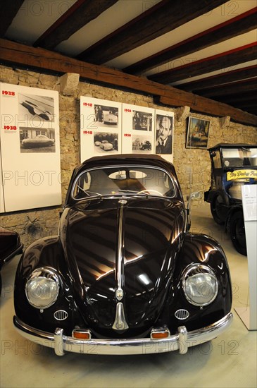 German Car Museum Langenburg, Black Volkswagen Beetle in a historic museum setting, German Car Museum Langenburg, Langenburg, Baden-Wuerttemberg, Germany, Europe