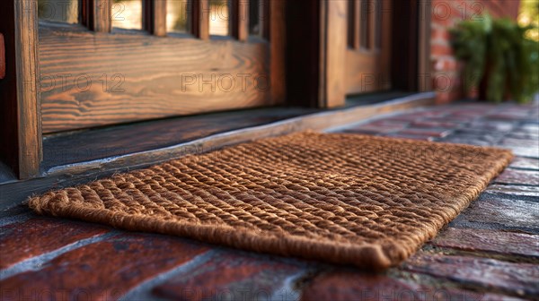 Blank welcome mat at custom front door of house. generative AI, AI generated