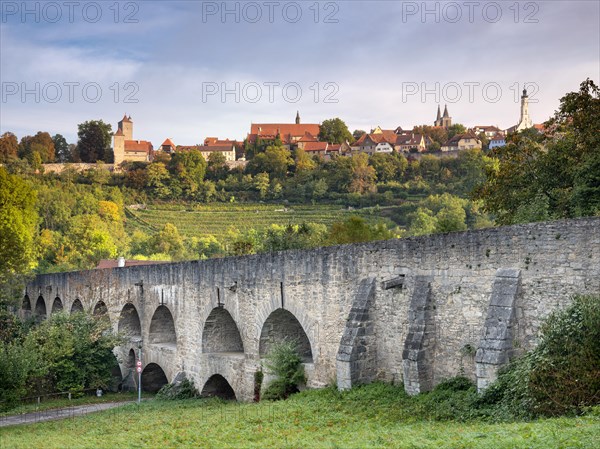 View from the medieval double bridge in the Tauber Valley, Tauberbruecke, of the historic old town, Rothenburg ob der Tauber, Middle Franconia, Bavaria, Germany, Europe