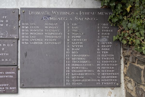 Plaque with Welsh and English names of the days of the week and Welsh and English numbers from one to twenty, 1937 Royal Wedding Memorial, Conwy, Wales, United Kingdom, Europe