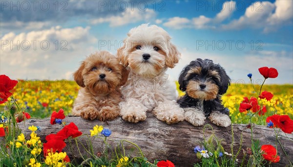 KI generated, animal, animals, mammal, mammals, Maltipoo (Canis lupus familiaris), dog, dogs, bitch, cross between poodle and Maltese, dwarf poodle, small poodle, flower meadow, tree trunk, one bitch and two puppies