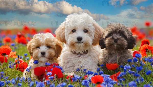 KI generated, animal, animals, mammal, mammals, Maltipoo (Canis lupus familiaris), dog, dogs, bitch, cross between poodle and Maltese, miniature poodle, small poodle, flower meadow, one bitch and two puppies