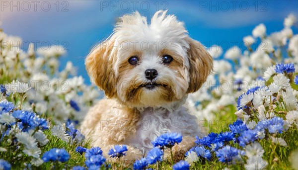 KI generated, animal, animals, mammal, mammals, Maltipoo (Canis lupus familiaris), dog, dogs, bitch, cross between poodle and Maltese, dwarf poodle, small poodle, flower meadow, puppy, cream, white, cornflowers