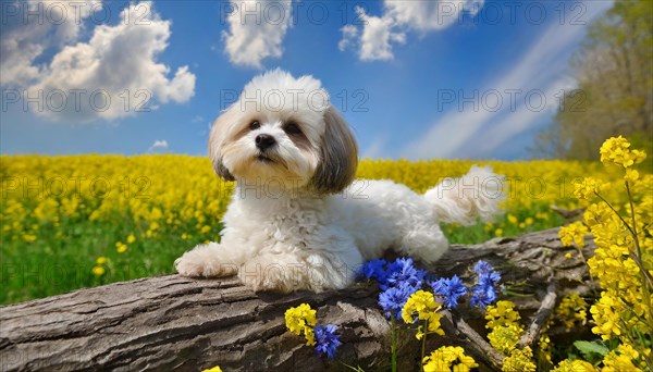 KI generated, animal, animals, mammal, mammals, Maltipoo (Canis lupus familiaris), dog, dogs, bitch, cross between poodle and Maltese, dwarf poodle, small poodle, flower meadow, tree trunk, small puppy lying on tree trunk in front of rape field