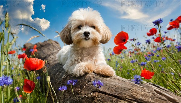 KI generated, animal, animals, mammal, mammals, Maltipoo (Canis lupus familiaris), dog, dogs, bitch, cross between poodle and Maltese, dwarf poodle, small poodle, flower meadow, tree trunk, small puppy lying on tree trunk, flowers