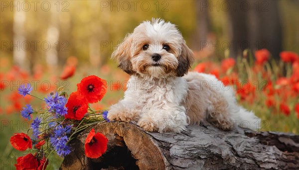 KI generated, animal, animals, mammal, mammals, Maltipoo (Canis lupus familiaris), dog, dogs, bitch, cross between poodle and Maltese, dwarf poodle, small poodle, flower meadow, tree trunk, small puppy lying on tree trunk, flowers