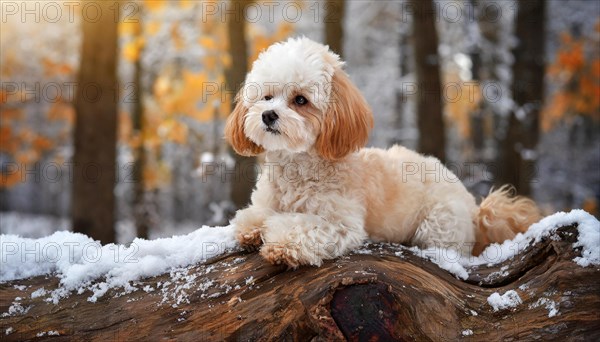 KI generated, animal, animals, mammal, mammals, Maltipoo (Canis lupus familiaris), dog, dogs, bitch, cross between poodle and Maltese, dwarf poodle, small poodle, flower meadow, tree trunk, autumn, onset of winter, puppy