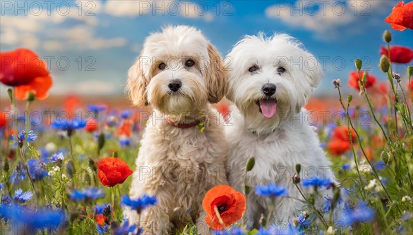 KI generated, animal, animals, mammal, mammals, Maltipoo (Canis lupus familiaris), dog, dogs, bitch, cross between poodle and Maltese, dwarf poodle, small poodle, flower meadow, two, pair, cream, white, cornflowers, poppies