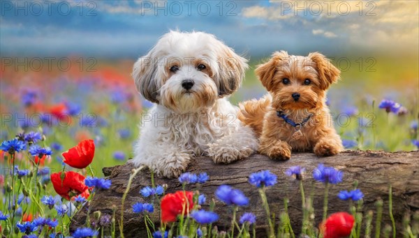 KI generated, animal, animals, mammal, mammals, Maltipoo (Canis lupus familiaris), dog, dogs, bitch, cross between poodle and Maltese, dwarf poodle, small poodle, flower meadow, two, bitch with puppy