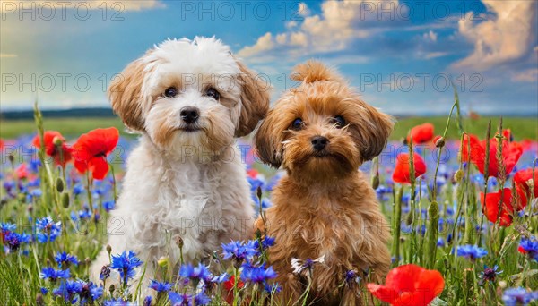 KI generated, animal, animals, mammal, mammals, Maltipoo (Canis lupus familiaris), dog, dogs, bitch, cross between poodle and Maltese, dwarf poodle, small poodle, flower meadow, two, bitch with puppy