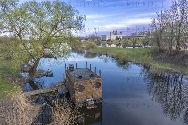 Houseboat on the Havel moat, Havelberg, Saxony-Anhalt, Germany, Europe