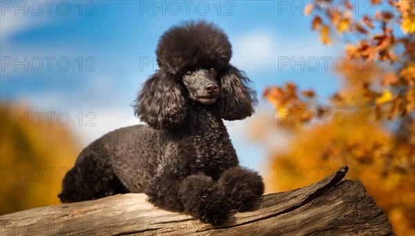 KI generated, animals, mammals, dog, domestic dogs (Canis lupus familiaris), black, black, sideways, autumn