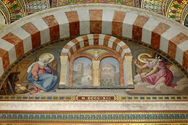 Church of Notre-Dame de la Garde, Marseille, Historical fresco with Mary and Joseph under an ornate arch, Marseille, Departement Bouches du Rhone, Region Provence Alpes Cote d'Azur, France, Europe