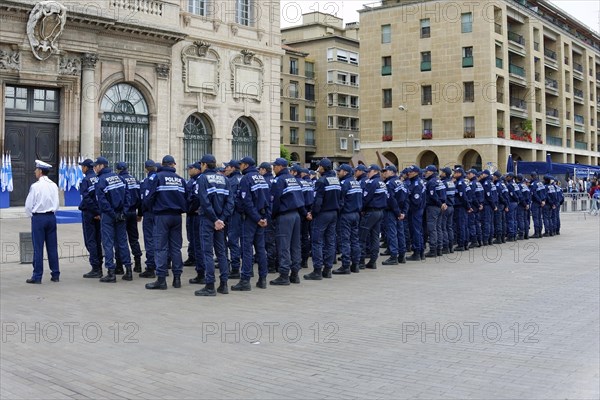 Marseille town hall, policemen in blue uniforms, lined up in a public square, Marseille, Departement Bouches-du-Rhone, Provence-Alpes-Cote d'Azur region, France, Europe