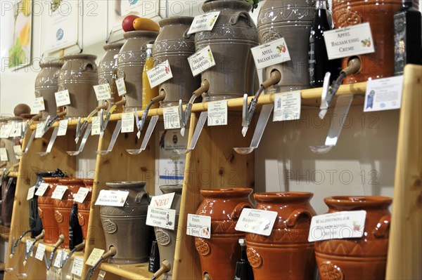 Wuerzburg, sales stand with a selection of handmade ceramic pots and labels, Wuerzburg, Lower Franconia, Bavaria, Germany, Europe