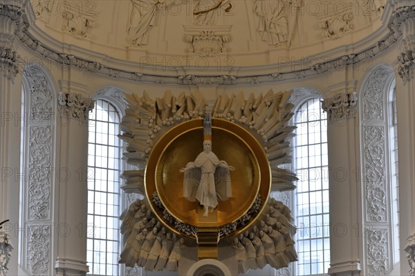 St Kilian's Cathedral, St Kilian's Cathedral, Wuerzburg, Gilded statue of a saint under a decorative baroque dome, Wuerzburg, Lower Franconia, Bavaria, Germany, Europe