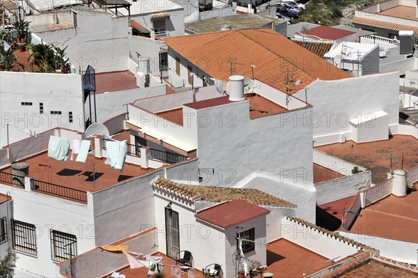Solabrena, aerial view of a town with white buildings and terracotta roofs, laundry hanging outside, Costa del Sol, Andalusia, Spain, Europe
