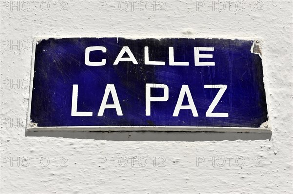 Solabrena, A simple blue road sign with the white inscription 'CALLE LA PAZ', Costa del Sol, Andalusia, Spain, Europe