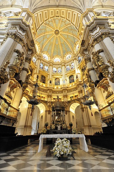 Santa Maria de la Encarnacion, Cathedral of Granada, Spacious nave with baroque altar, columns and dome, Granada, Andalusia, Spain, Europe