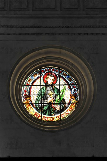 Modern church window, chapel, Castillo de Santa Catalina, Gothic castle in Jaen, Jaen province, A circular stained glass window depicting a figure of a saint, Granada, Andalusia, Spain, Europe