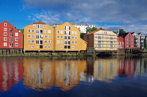 Wooden houses reflected in the calm waters of the River Nidarelva, Trondheim, Troendelag, Norway, Europe