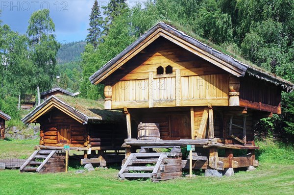 Historic warehouse and residential buildings in Telemark style, Telemark, Norway, Europe