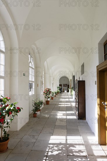 Interior view, cloister, Benedictine monastery Rajhrad, Loucka, Rajhrad, Jihomoravsky kraj, Czech Republic, Europe