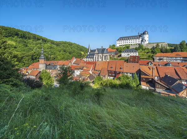 View of Stolberg with castle, Saigerturm, St. Martini church and half-timbered houses in the old town, Stolberg im Harz, Saxony-Anhalt, Germany, Europe