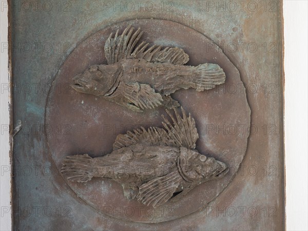 Depiction of fish, sculpture, Stella Maris church, Porto Cervo, Costa Smeralda, Sardinia, Italy, Europe
